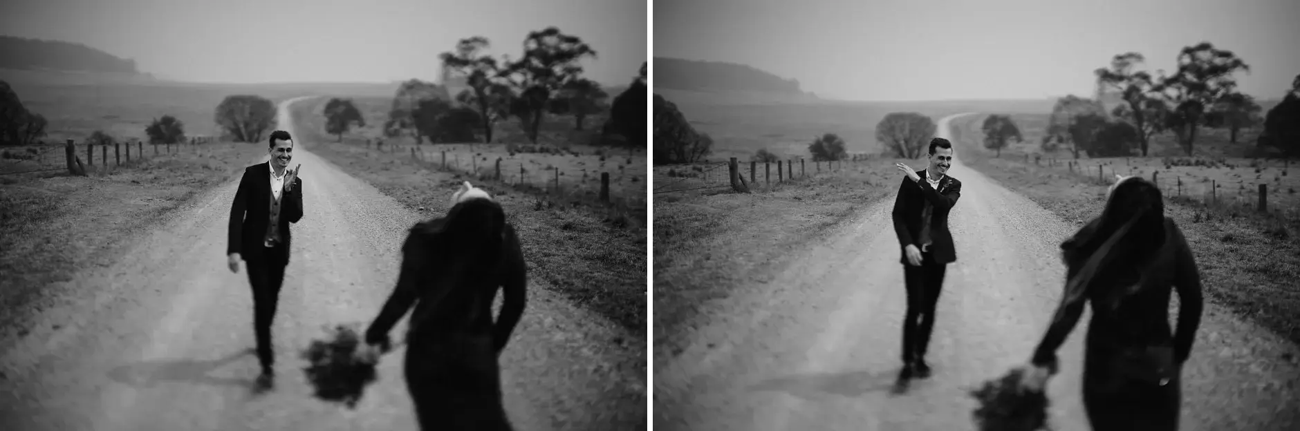 Two frames of them walking the road together, black and white