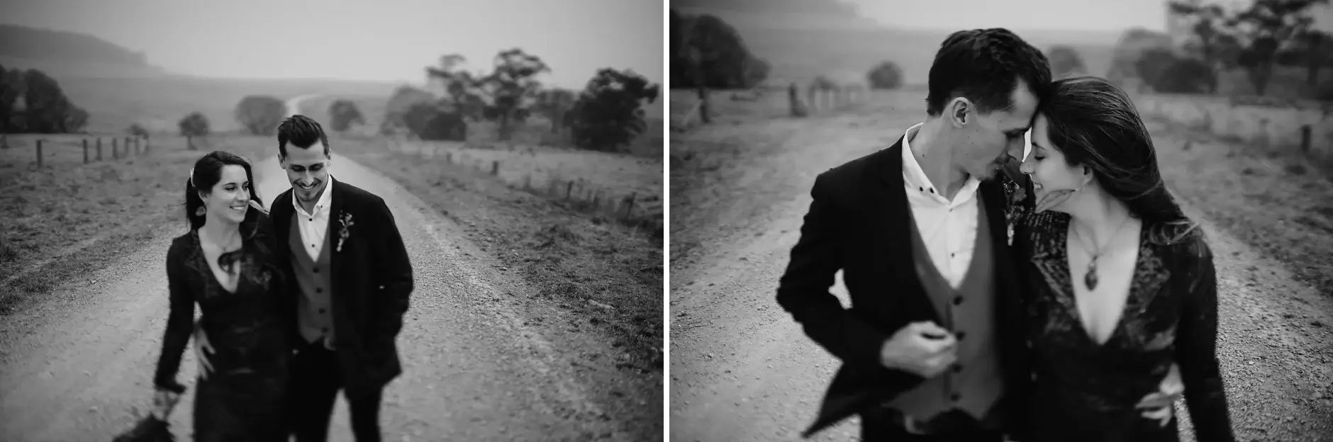 Walking, then leaning in close on the road, black and white, New England