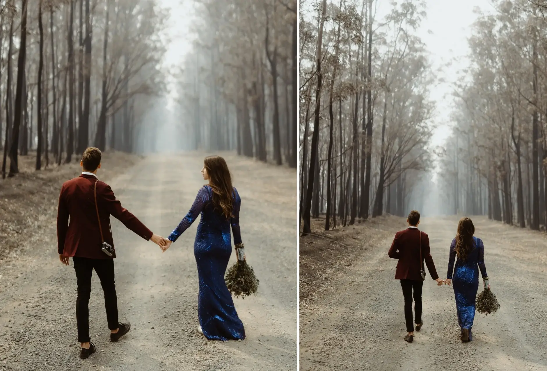 Jess and Drew walking through the burnt forest, two frames