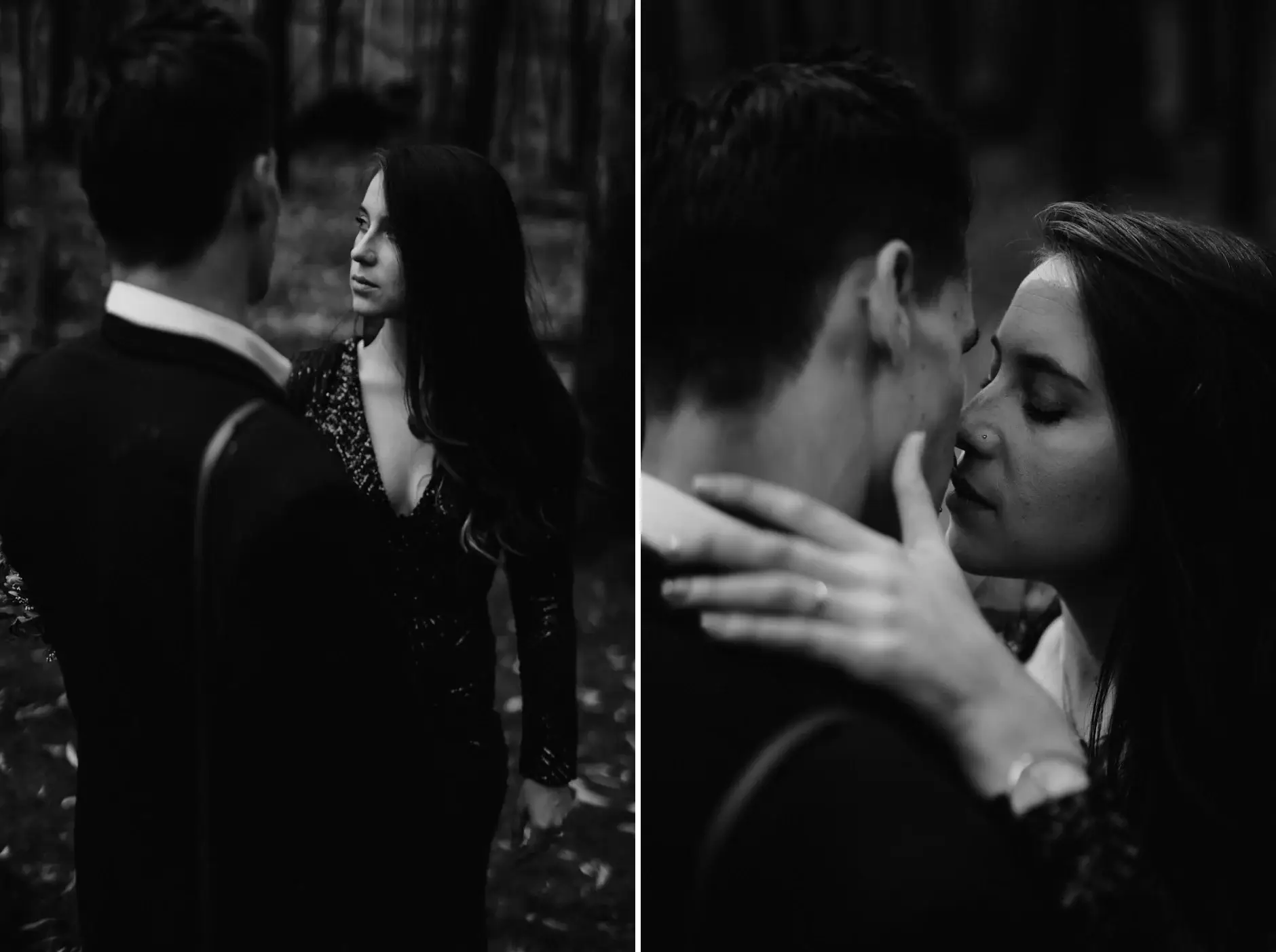 Leaning in, then kissing, black and white, New England National Park