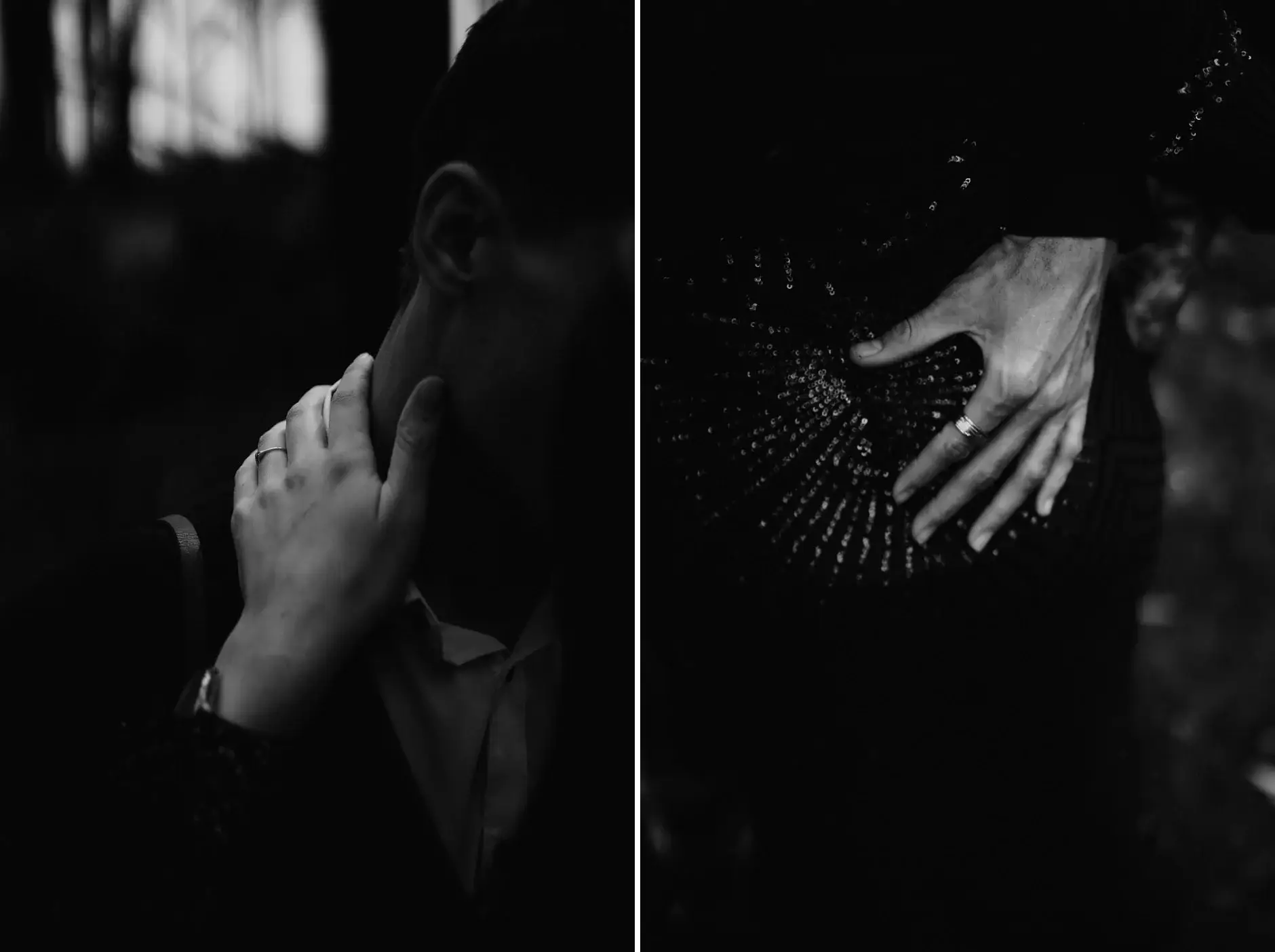 A hand on his face, and the sequins of her dress, black and white