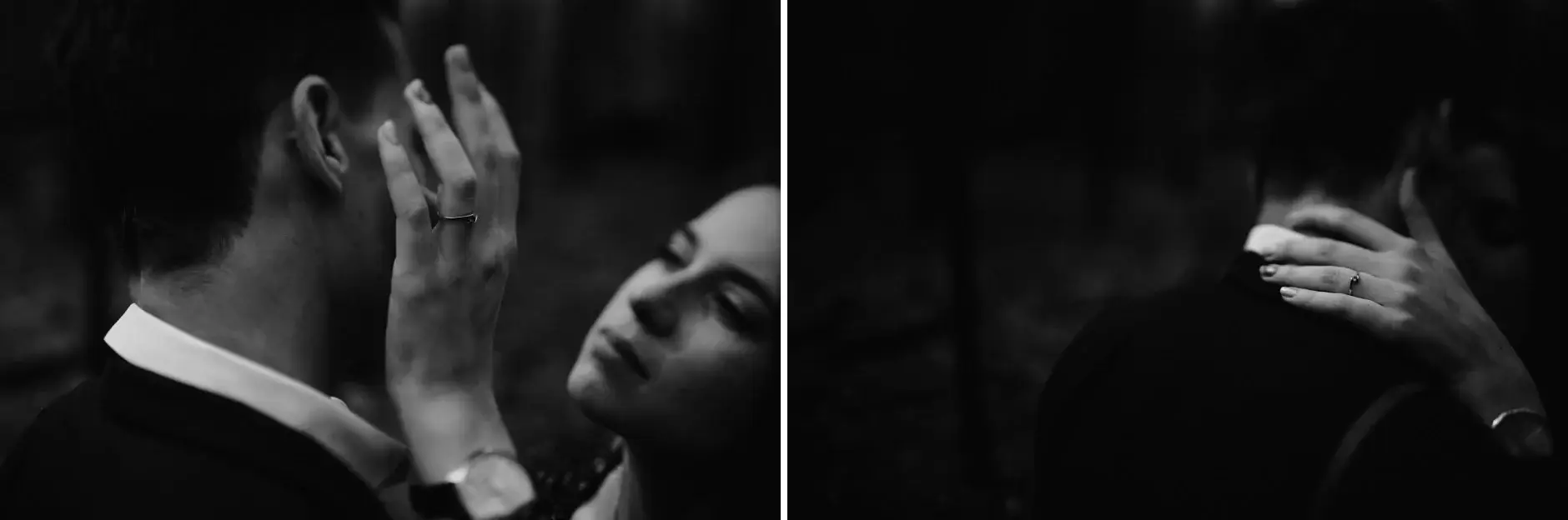 Foreheads together in the forest, black and white, New England