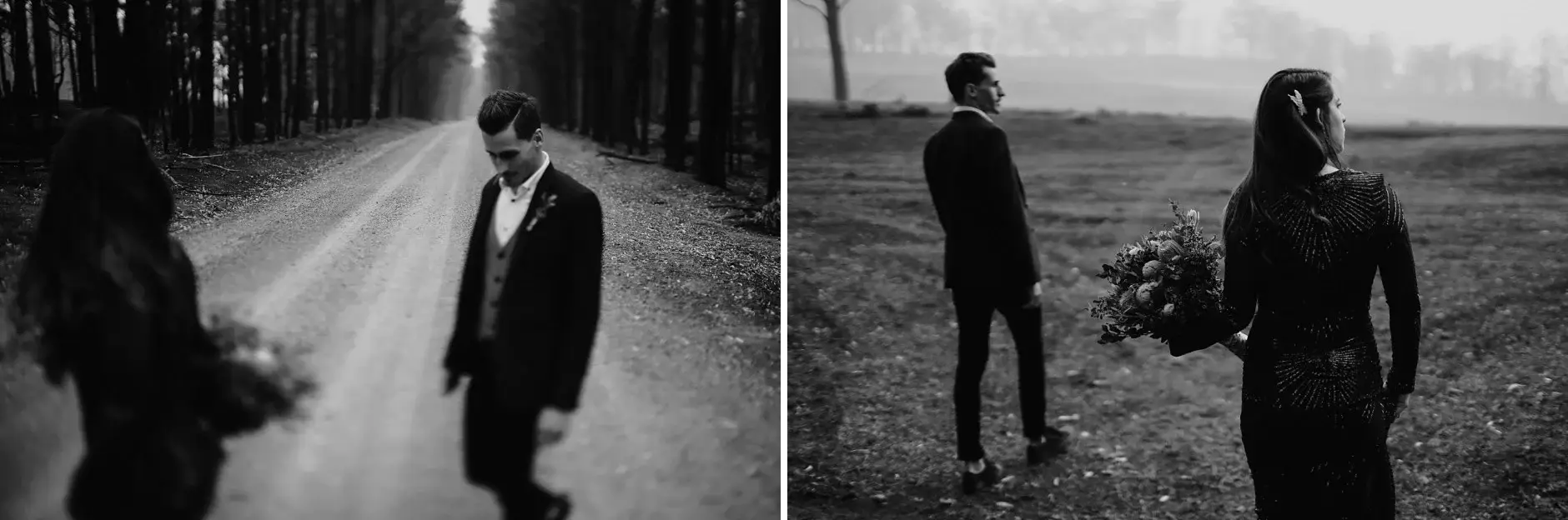 Two frames of them together in the forest, black and white