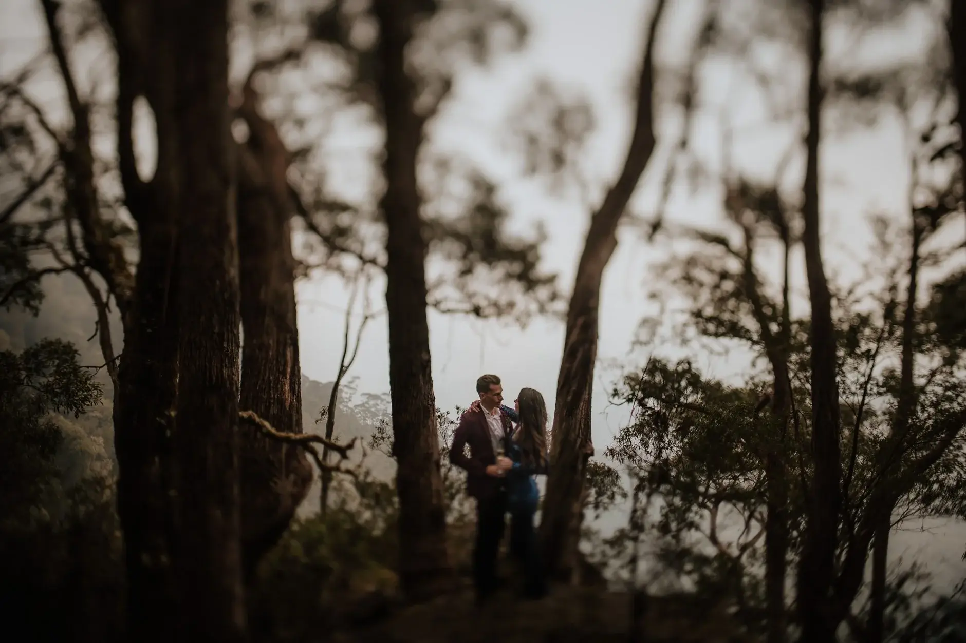 Jess and Drew at the forest edge with the valley beyond, New England
