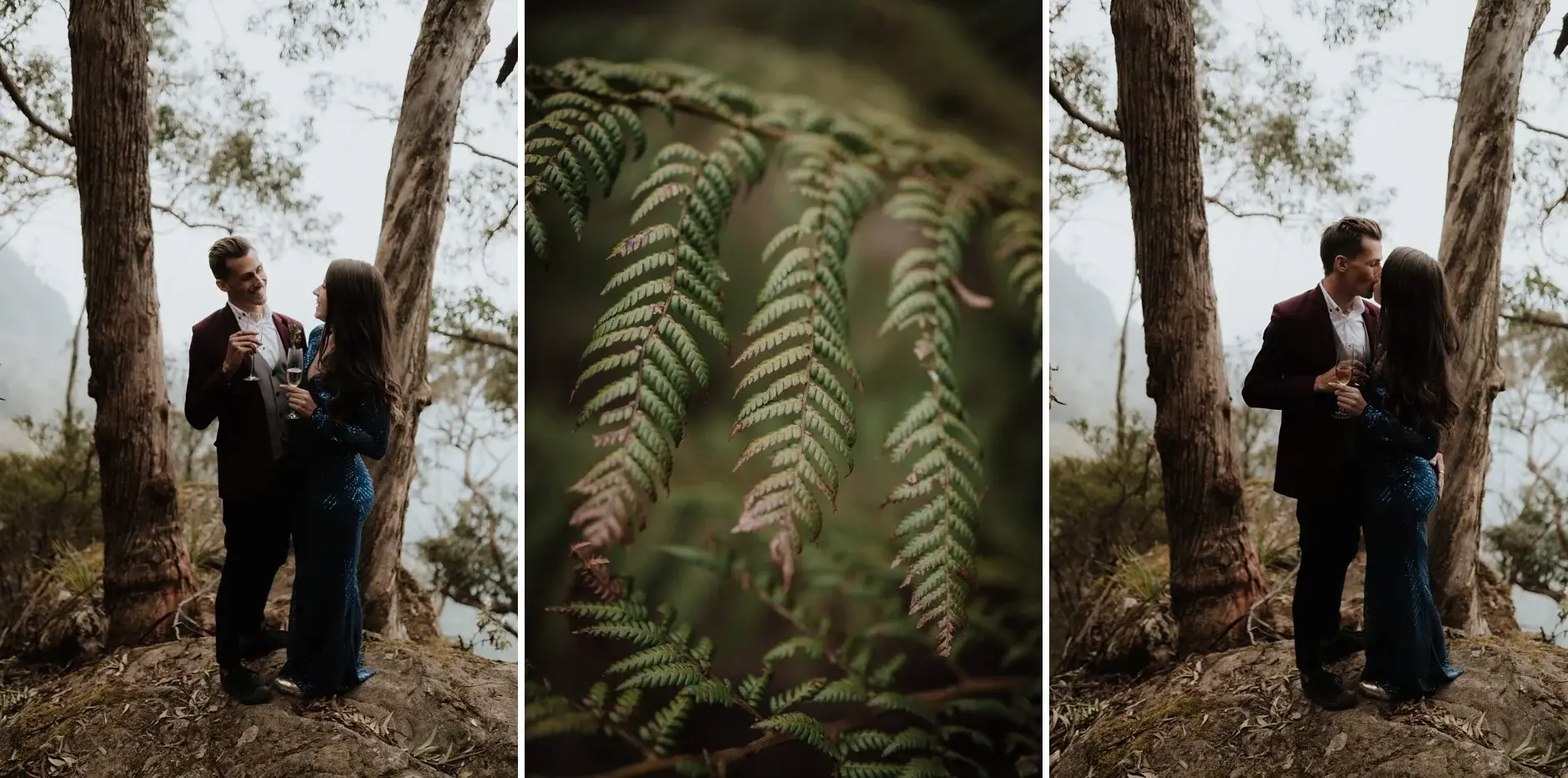 The two of them among the trees, and a rainforest fern frond