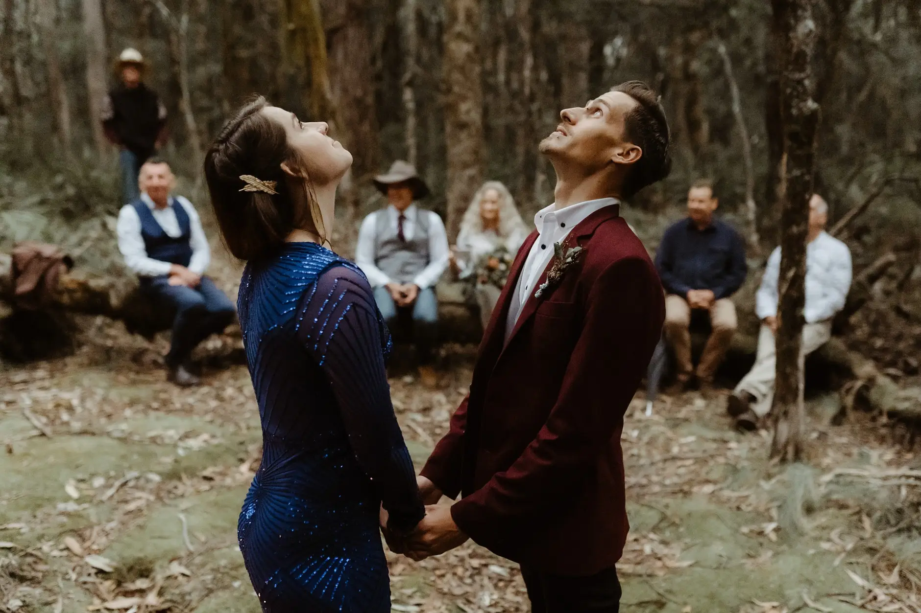 Jess laughing skyward during the ceremony, New England National Park