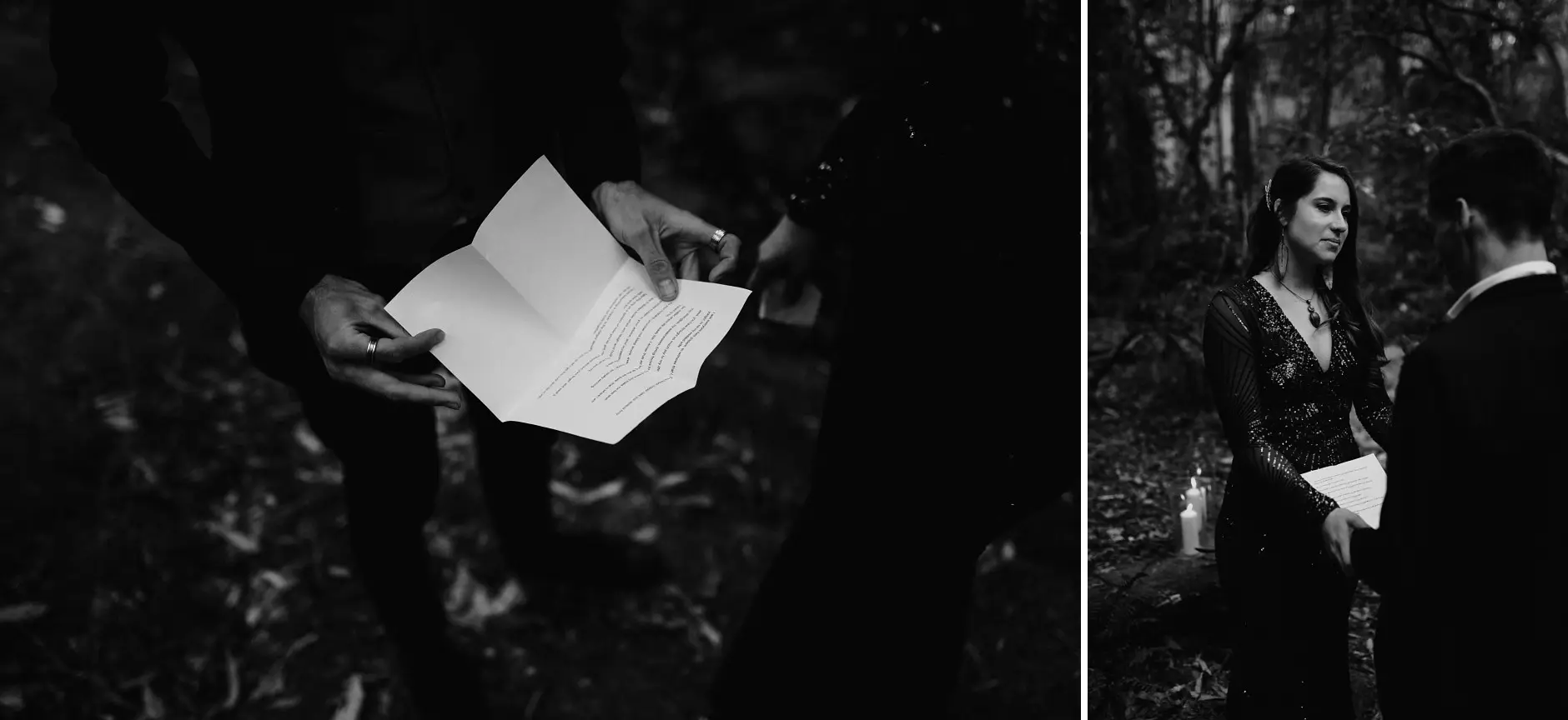 Reading vows from a folded page, and Jess holding hers, black and white