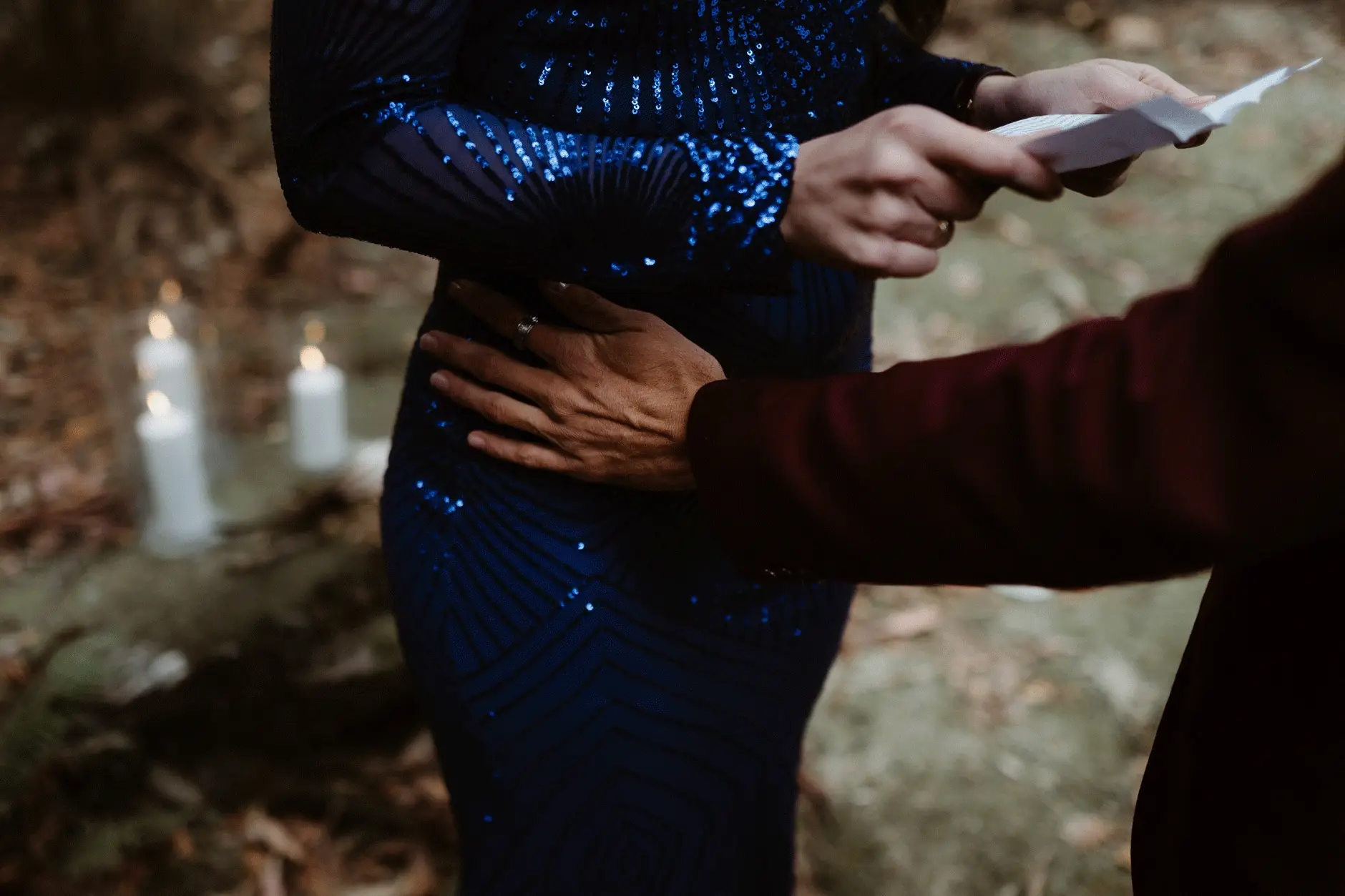 Jess in her sequinned dress as Drew reads his vows, New England