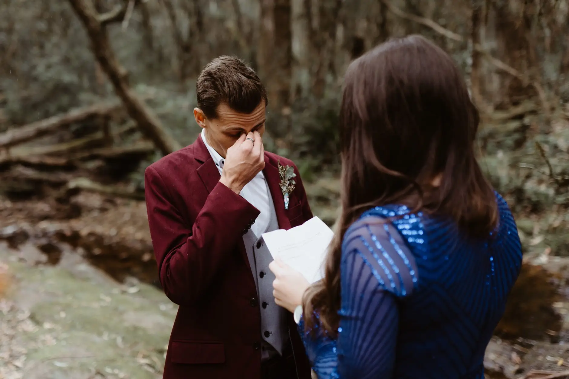 Jess wiping her eyes during the vows, New England National Park