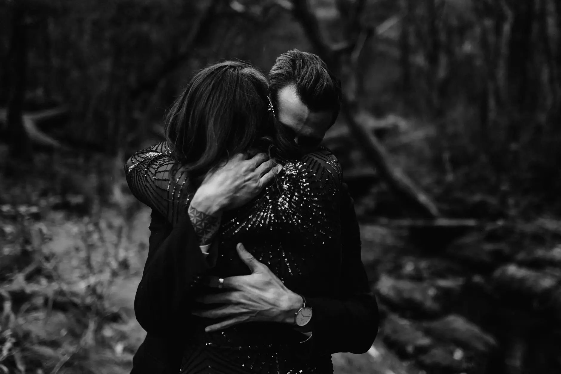 Holding each other in the forest, black and white, New England