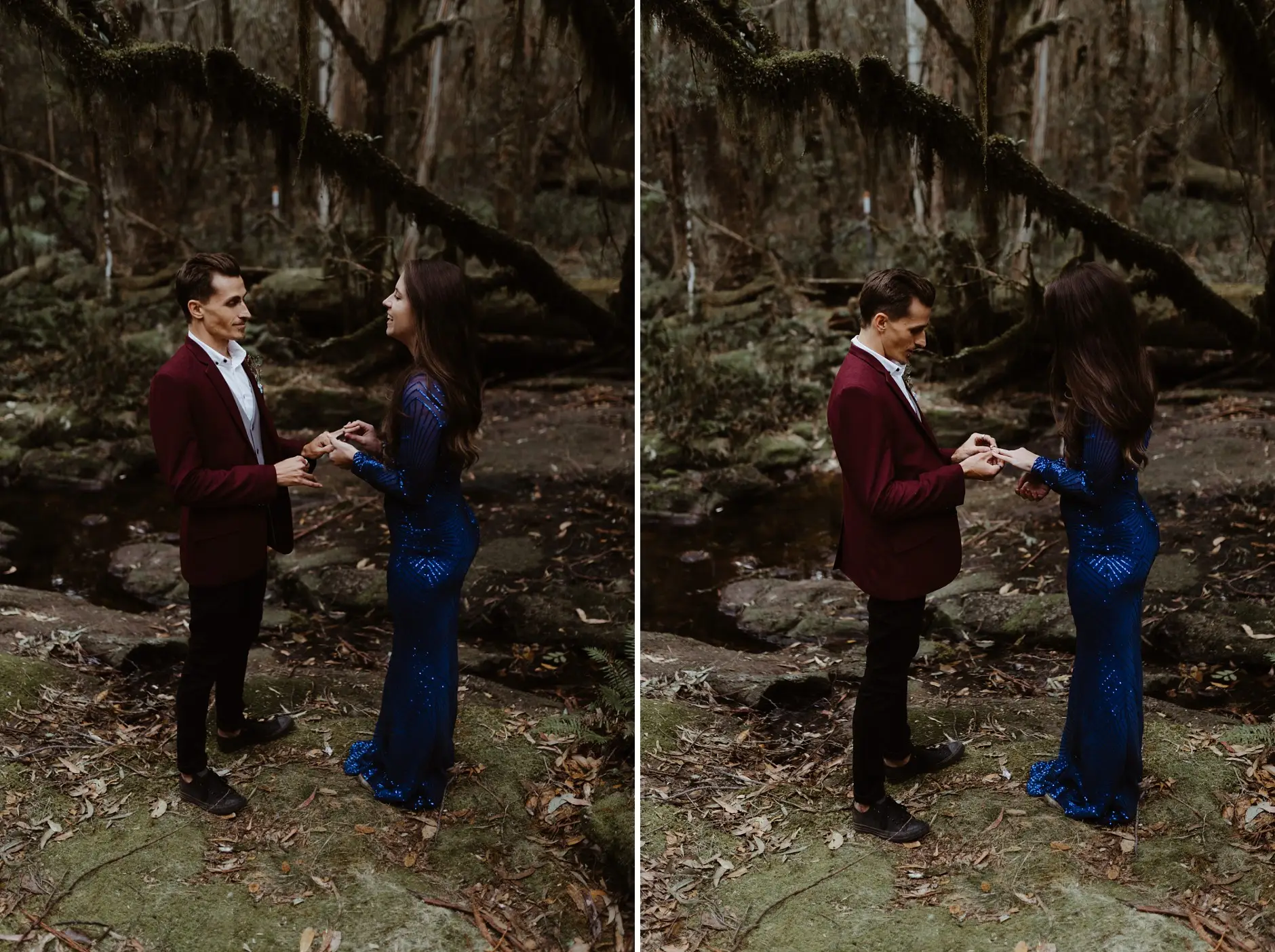 Exchanging rings in the beech glade, two frames, New England