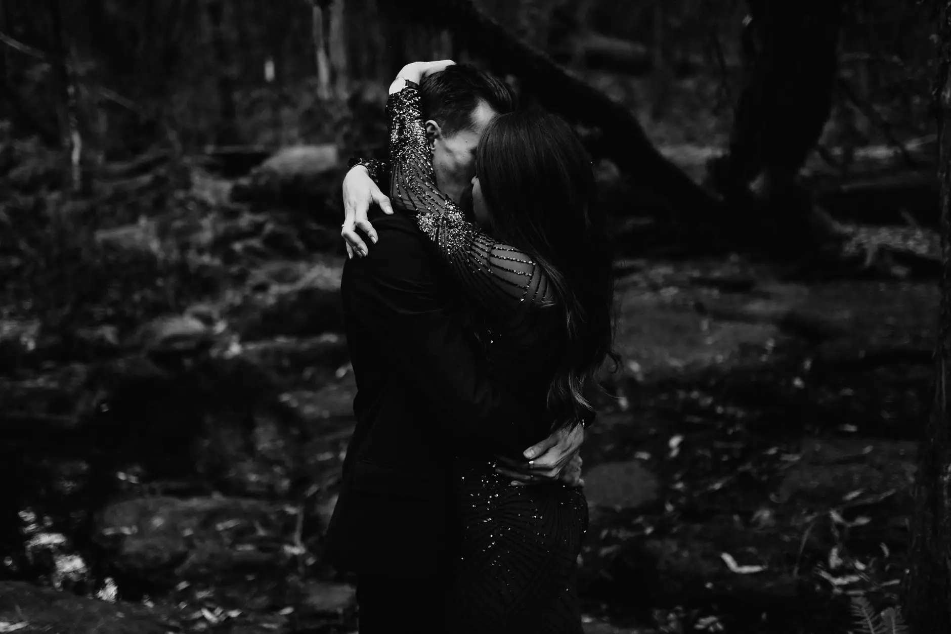 A kiss in the dark forest, black and white, New England National Park