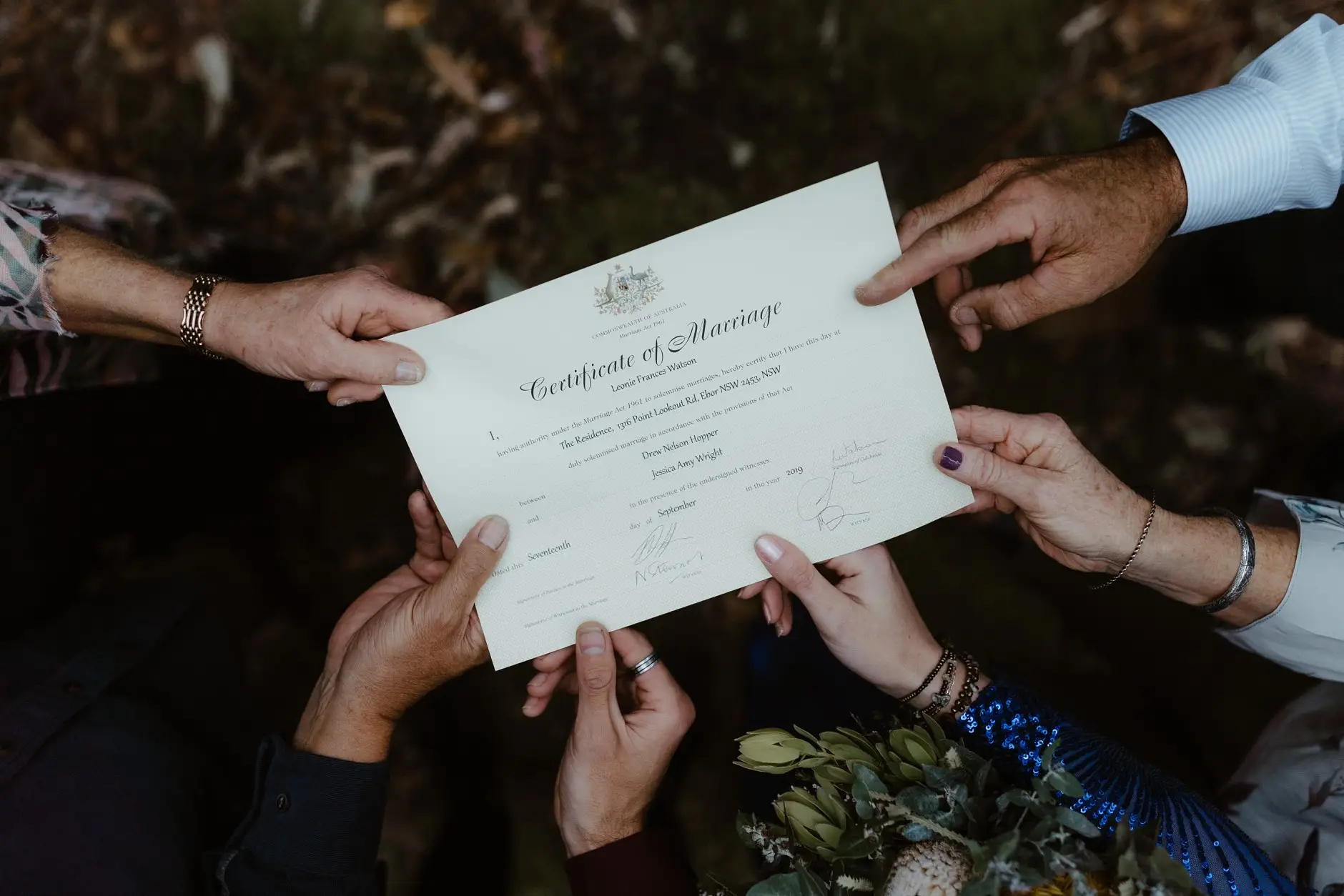 The signed certificate of marriage held between them, New England
