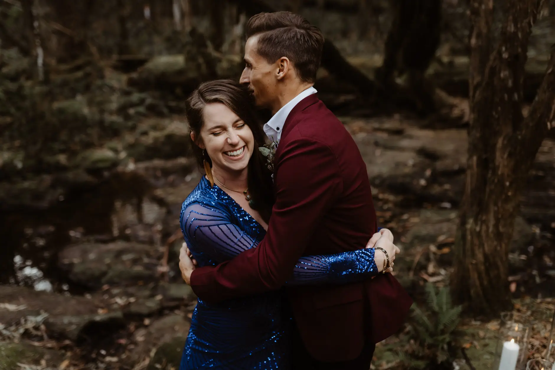 Jess and Drew together in the glade after the ceremony, New England