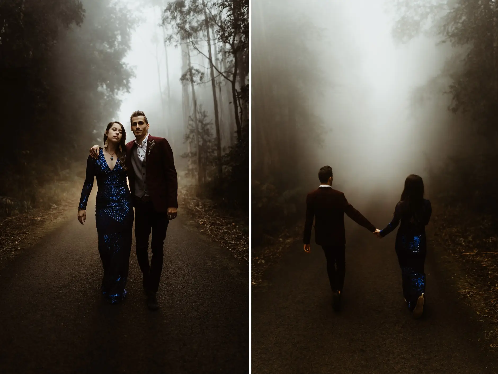 Walking the misty road together, two frames, New England