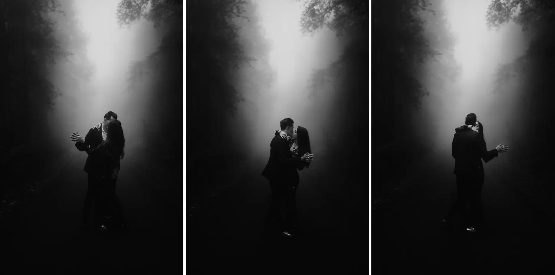 Three frames of them together in the fog, black and white