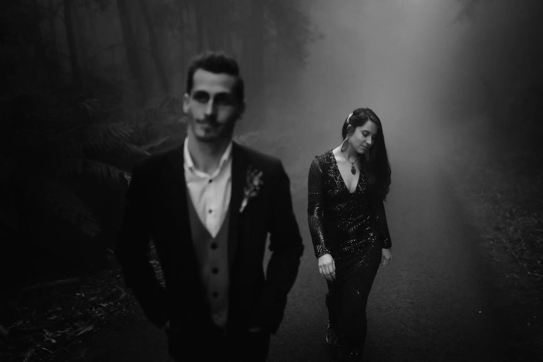 Jess and Drew in the fog, black and white, New England National Park