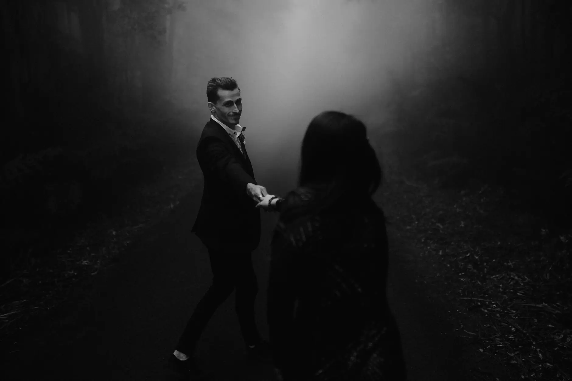 Spinning together in the fog, black and white, New England