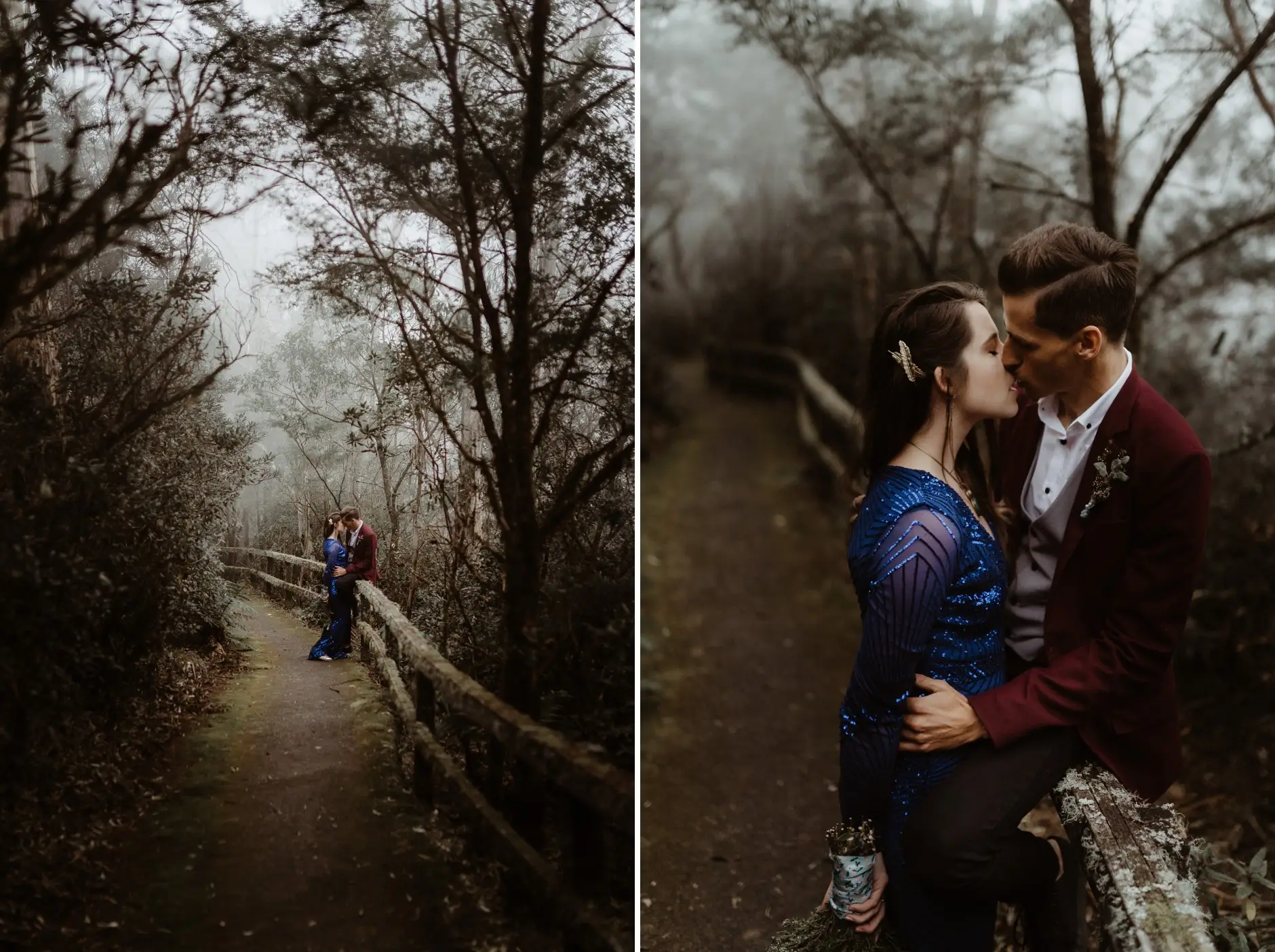 The path in the forest, and Drew lifting Jess on the rail