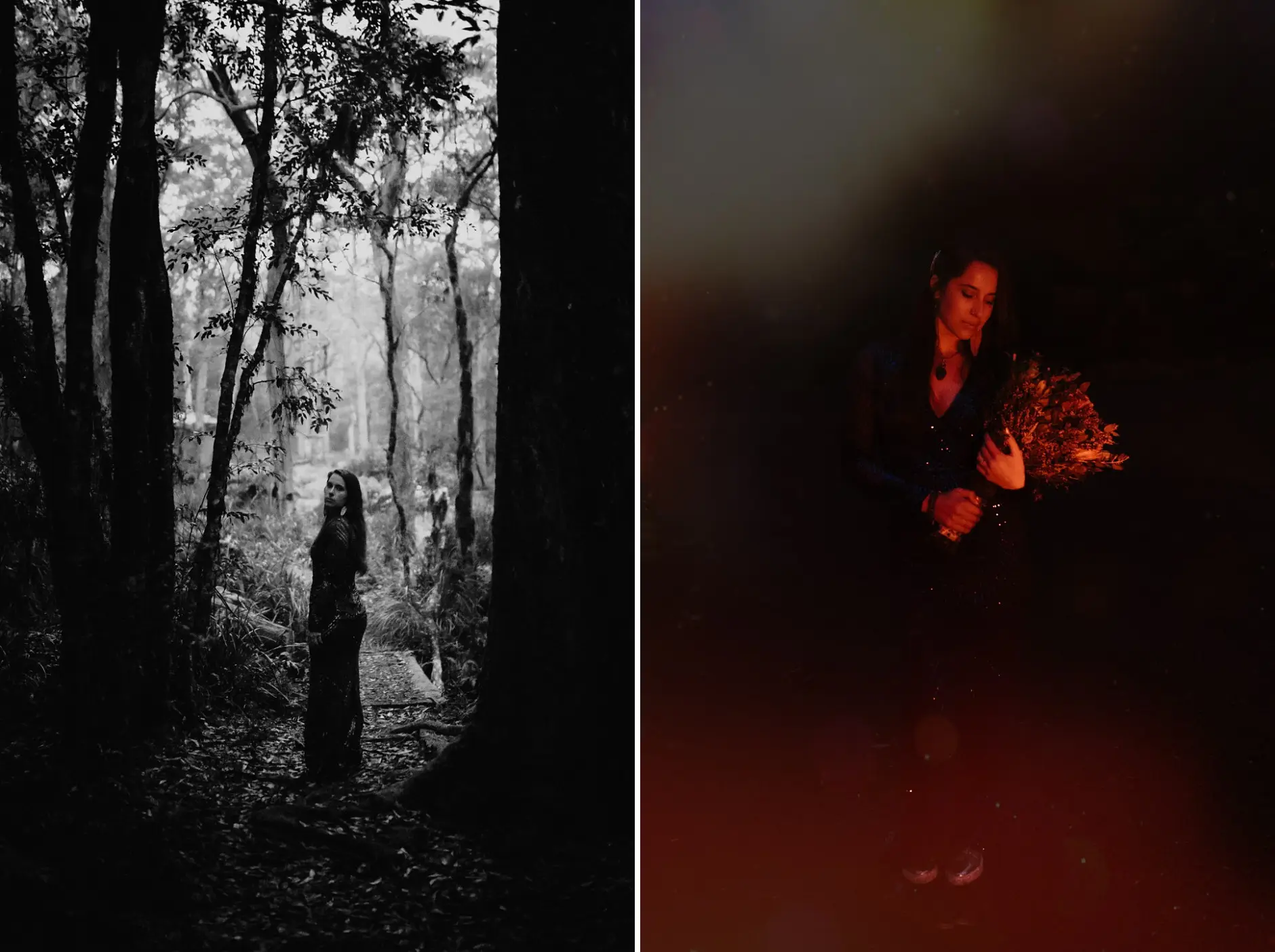 Jess alone among the trees, and a red flare in the dark forest