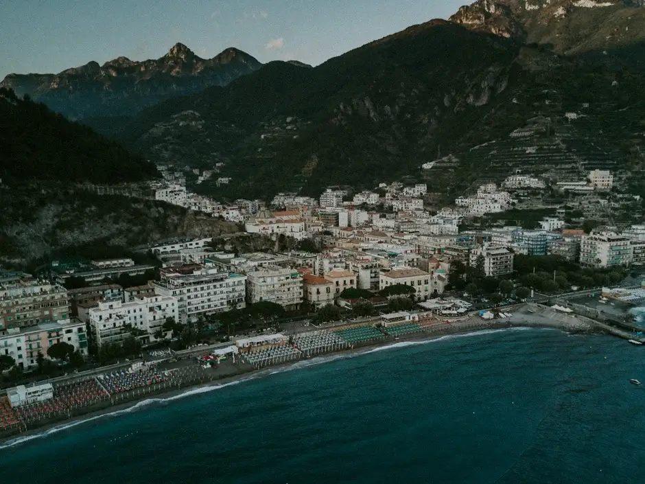 The town of Maiori stacked above the beach and the Mediterranean