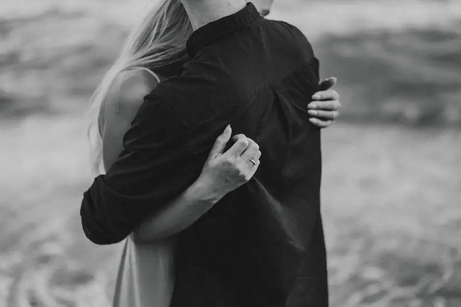 A close embrace on the beach, black and white, Amalfi Coast