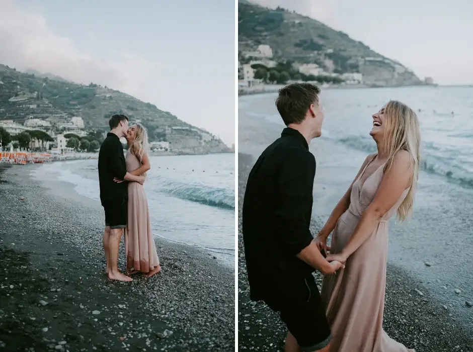 The two of them close on the beach, two frames, Amalfi Coast