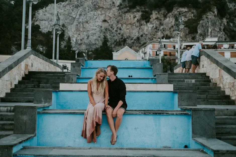 The two of them on the blue steps seen from above, Amalfi Coast