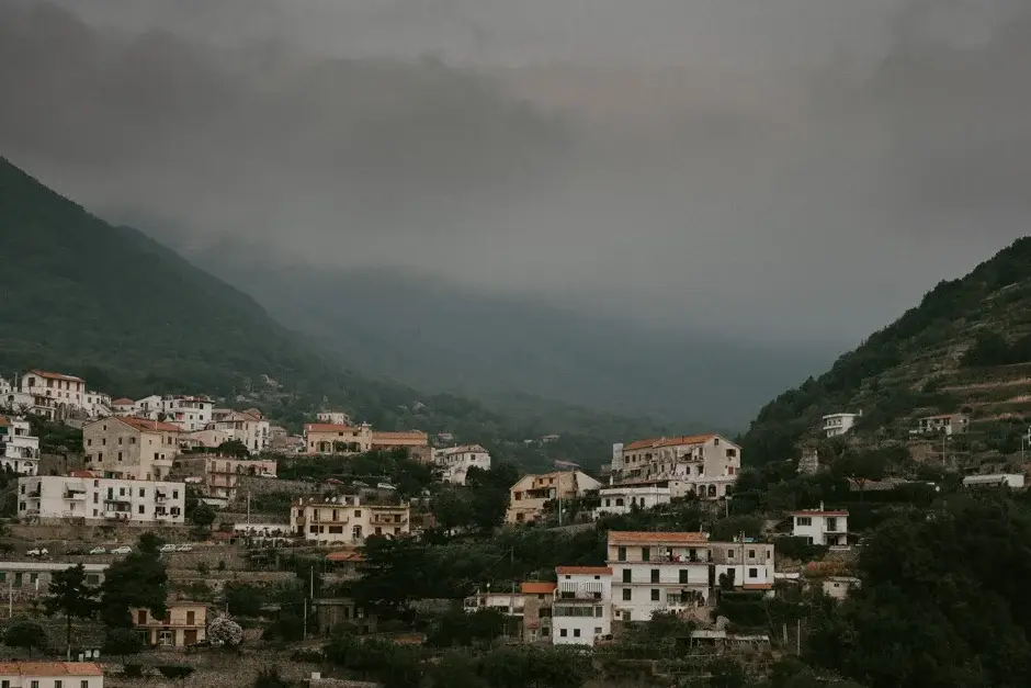 Ravello and the cliffs under heavy cloud, Amalfi Coast