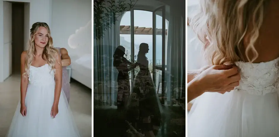 Emilie in her gown, the window, and her dress being fastened
