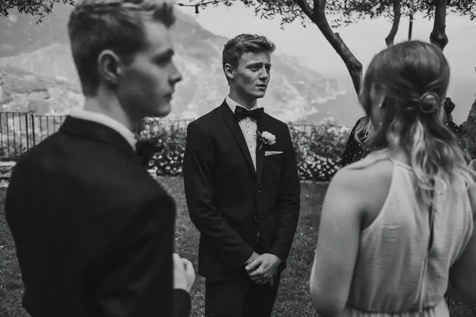 Guests waiting at the ceremony, black and white, Ravello