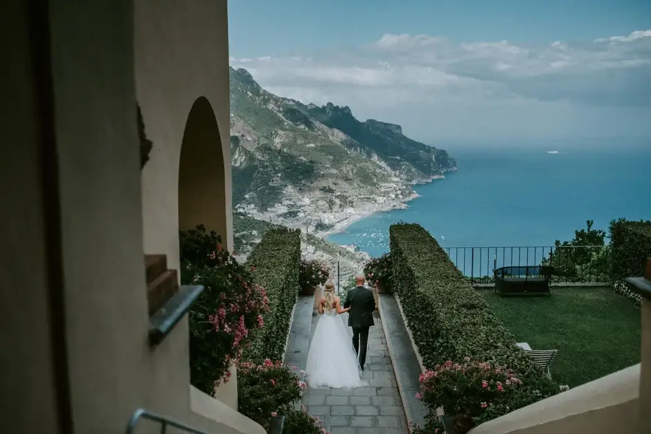 Emilie walking the garden path high above the coast, Ravello