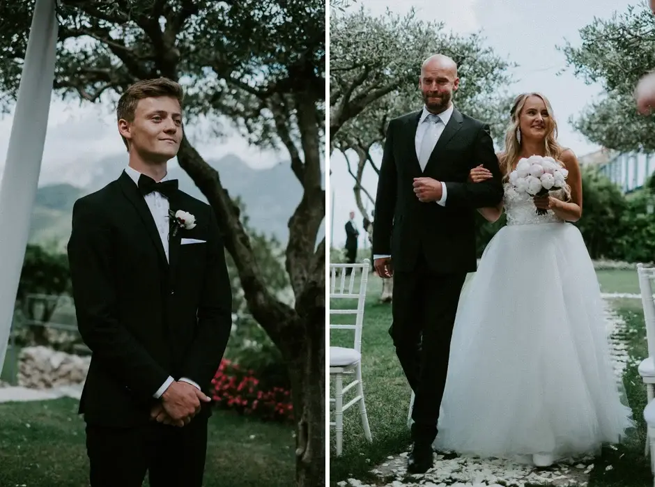 Henrik waiting, and Emilie arriving on her father’s arm