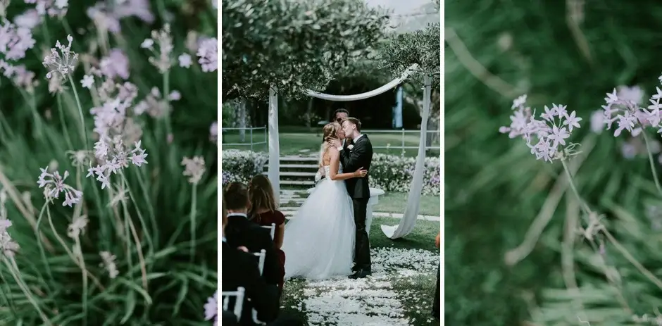 Agapanthus flowers framing the couple at the altar, three frames