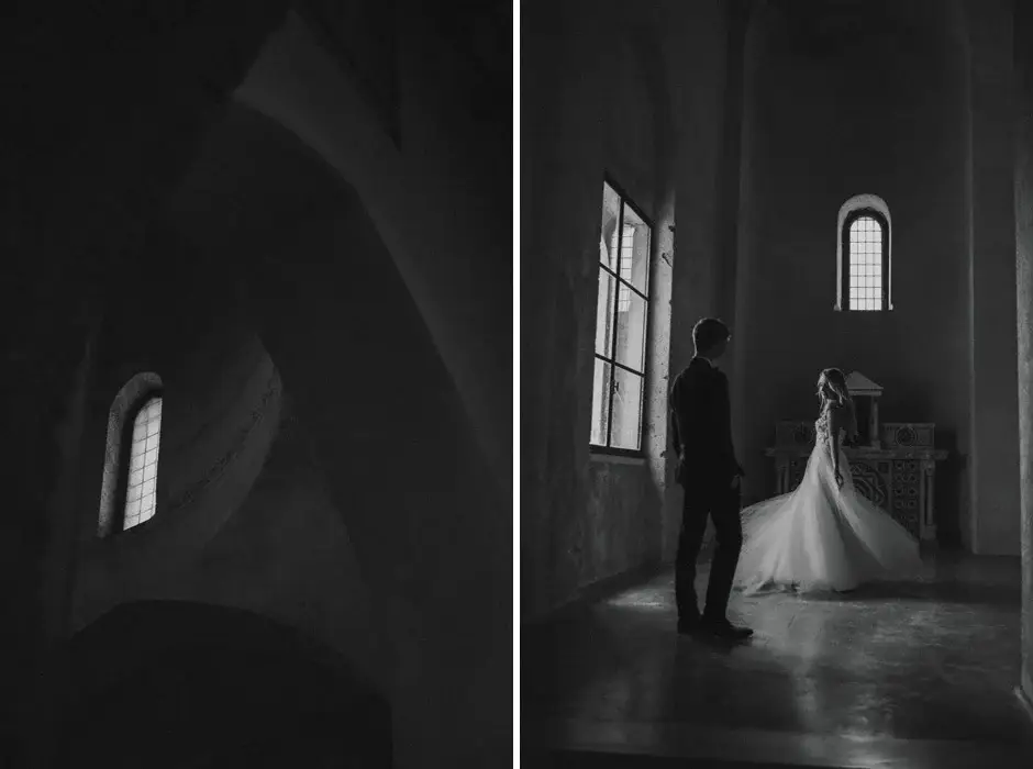 A dark stone interior, and Emilie in the doorway light, two frames