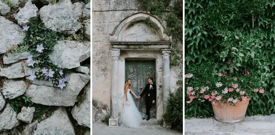 Stone wall flowers, the couple in an old doorway, and geraniums