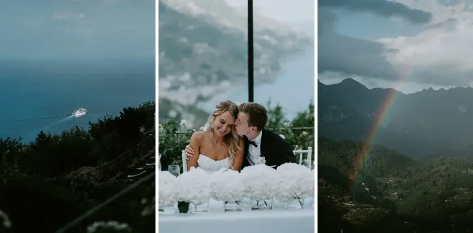 The coast, the couple at the cake table, and the rainbow