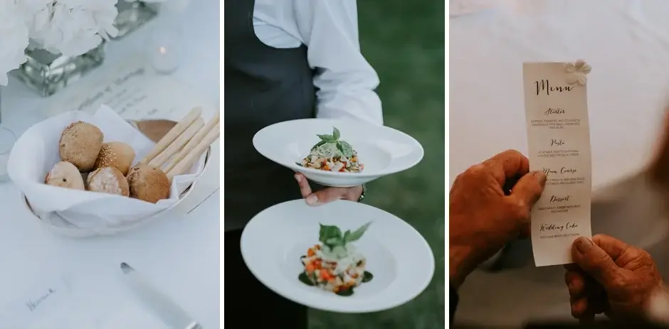 Bread, a plated course and the printed menu, Ravello