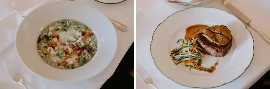 Two plated courses — risotto and duck, Ravello