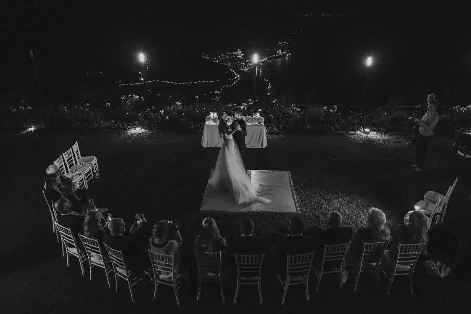 The first dance seen wide at night, black and white, Ravello