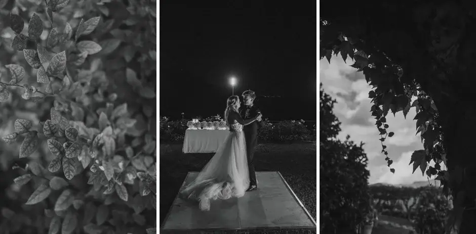Foliage, the couple dancing under a light, and the trees at night