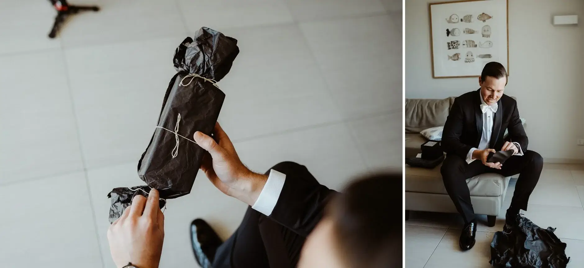 The bag of shoes and ties, and James sitting to dress, Burleigh Heads