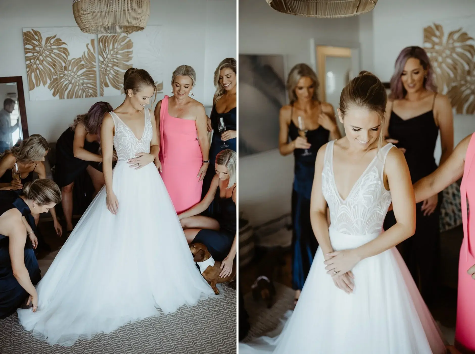 Clair stepping into her gown with the bridesmaids helping