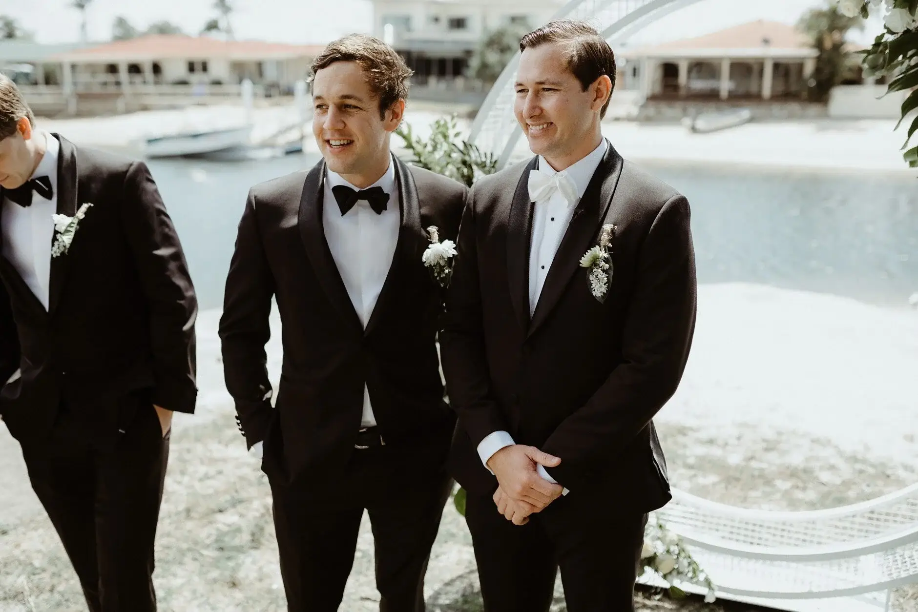 James and a groomsman waiting by the water at Burleigh Heads
