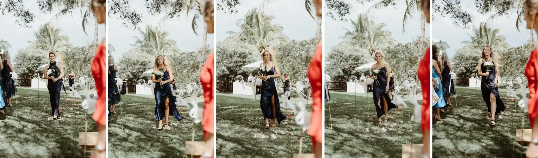 The bridesmaids walking down the aisle one by one, Burleigh Heads