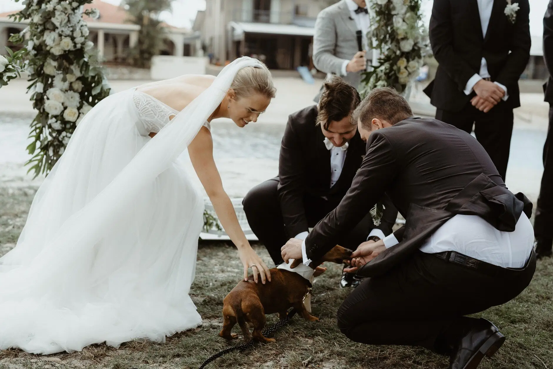 James crouching to greet the dogs as Clair leans in, Burleigh Heads