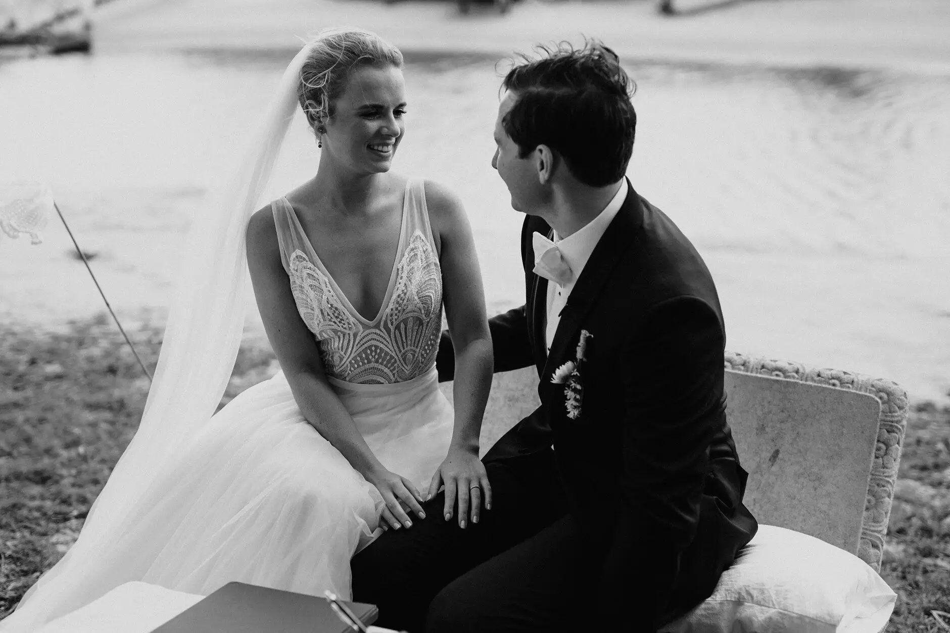Clair and James sitting together after the ceremony, Burleigh Heads