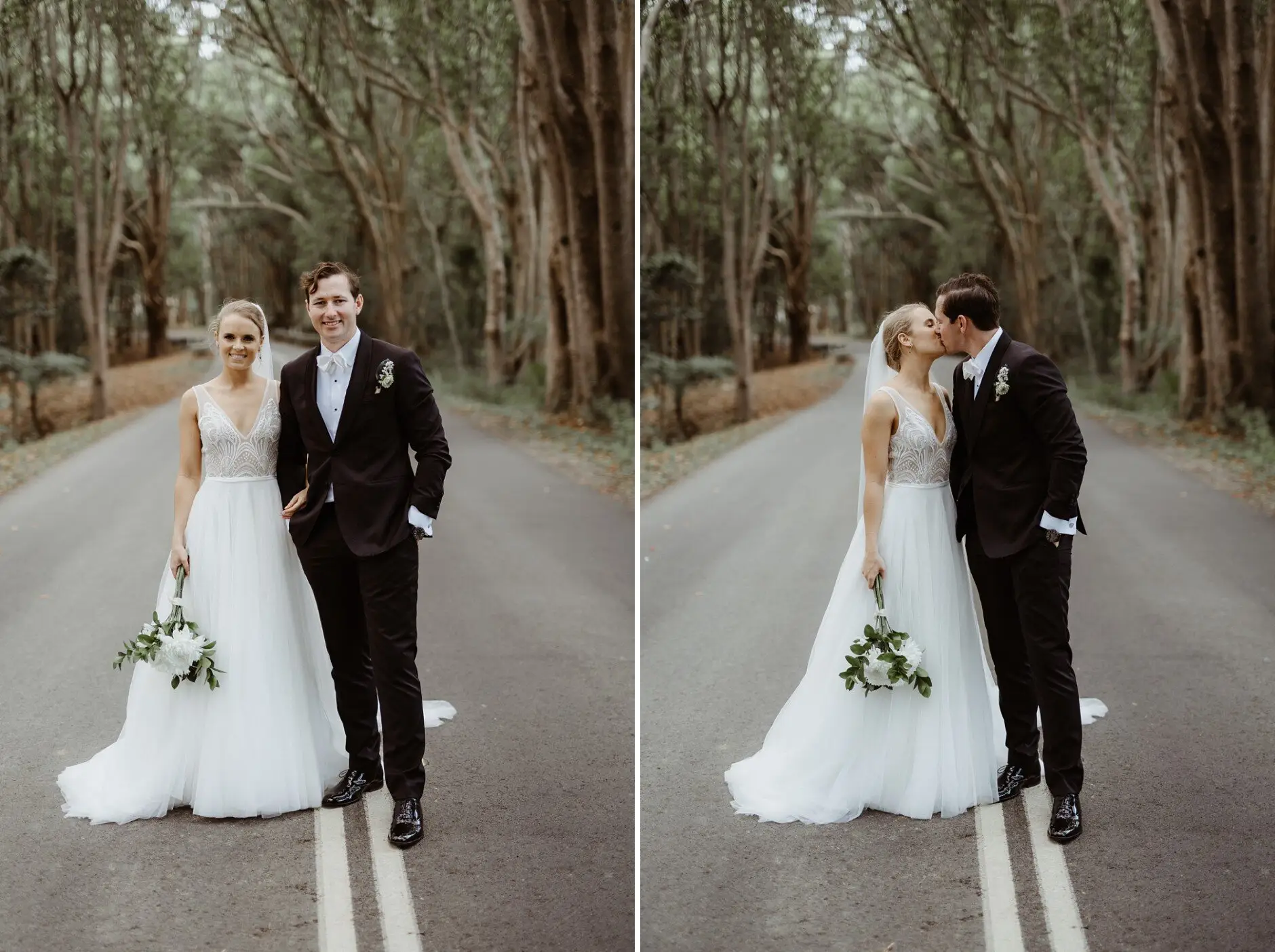 Clair and James on the road beneath the trees, Burleigh Heads