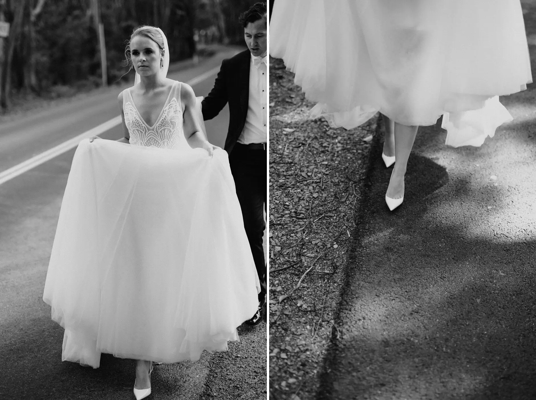 Clair lifting her dress as they walk the road, Burleigh Heads