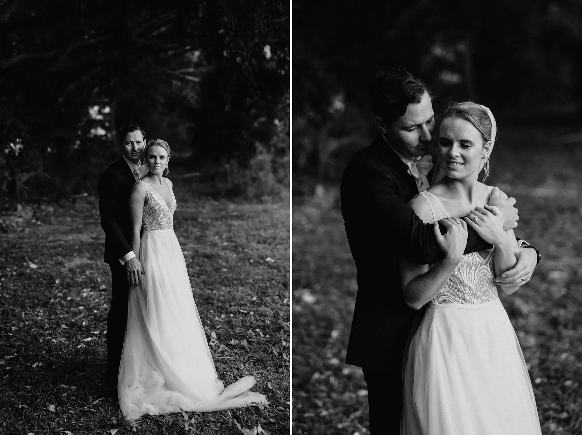 Clair and James together in the trees after the ceremony